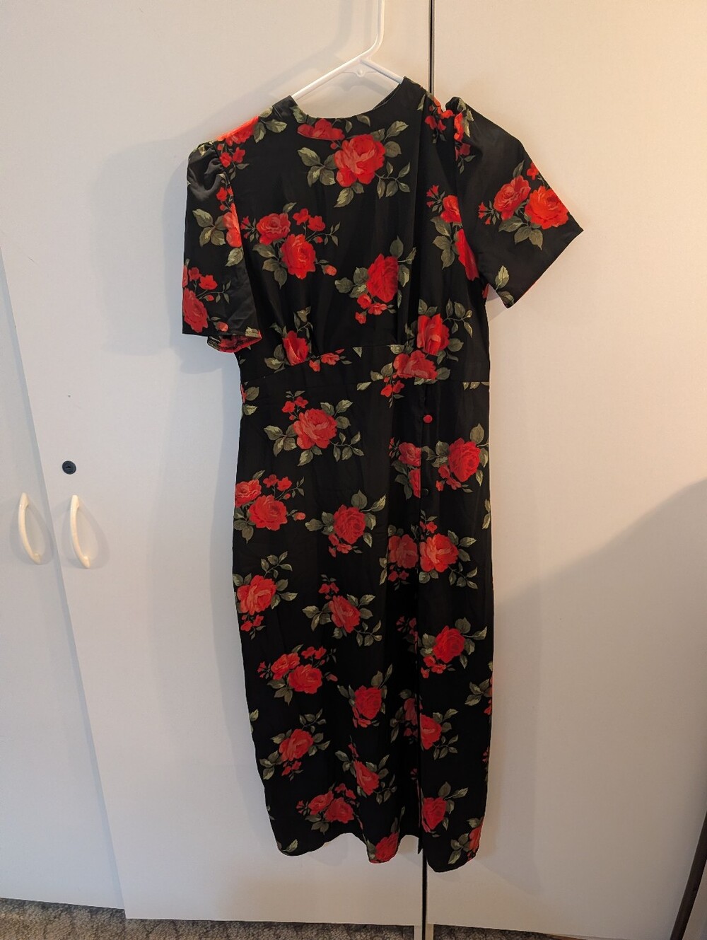 Asos Design Size 6 Black Floral Midi Dress with Red Rose Print